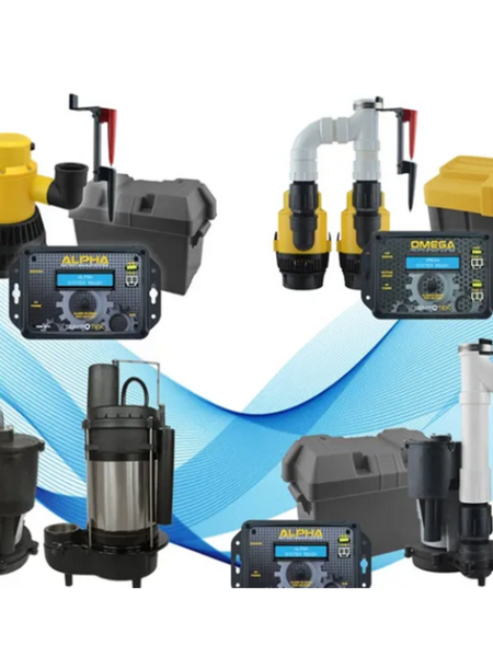 Group of sump pump products on a white background